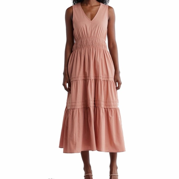 StitchDrop Dresses & Skirts - NWT StitchDrop Coral Quartz Midi Dress M Elegant-Tiered-Pockets Smocked Waist